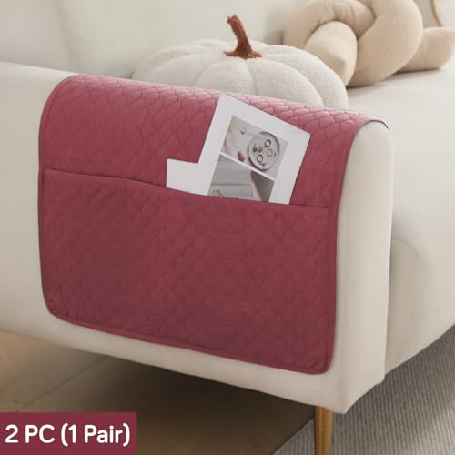 HOKIPO Polyester Quilted Sofa Armrest Cover with Pockets, Mauve Pink, Pack of 2 (1 Pair) (IN-787-L-PCH*2) - Image 2