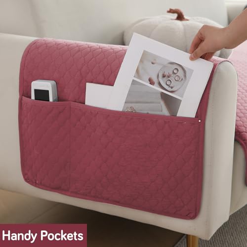 HOKIPO Polyester Quilted Sofa Armrest Cover with Pockets, Mauve Pink, Pack of 2 (1 Pair) (IN-787-L-PCH*2) - Image 5