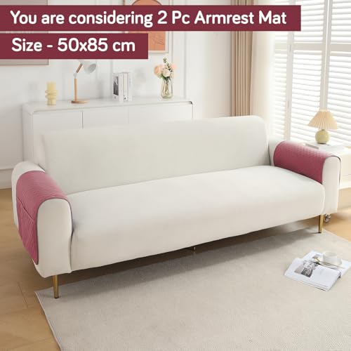 HOKIPO Polyester Quilted Sofa Armrest Cover with Pockets, Mauve Pink, Pack of 2 (1 Pair) (IN-787-L-PCH*2) - Image 3