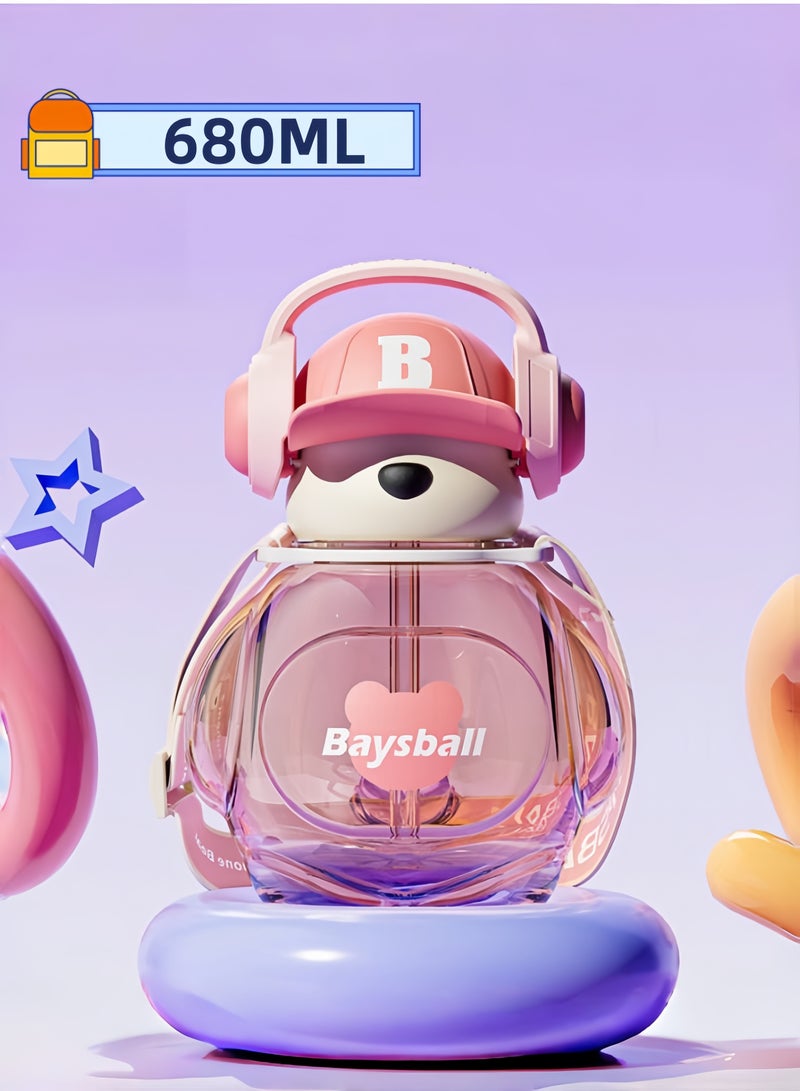 nihao New Cute Bear with Earphone Outdoor Water Cup Large Capacity Straw ,Tumbler,Children's Water Bottle ,Leak-Proof Water Bottle with Flip Top Reusable Plastic Drinking Bottle 680ML-Pink - Image 1