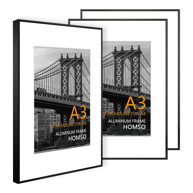 Homso Homso A3 Picture Poster Metal Black Frame Set of 3 Display Pictures 83x117 Inch with Mat or 117x165 Inch Without Mat Thin Edge with Acrylic Plexiglass for Wall Mounting