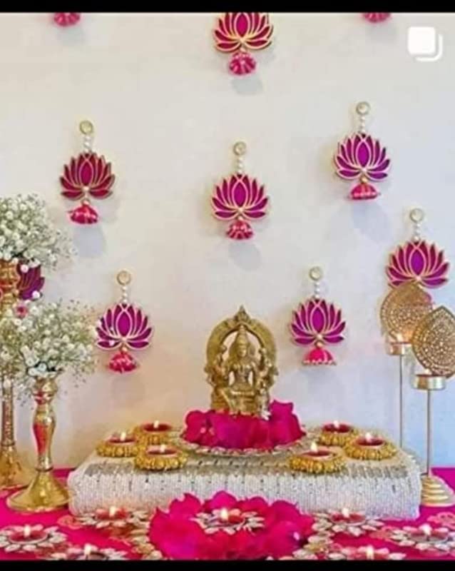 BENAVJI Handmade MDF Wood Lotus Hangings Jhumki Style for Home Wall Decor Diwali Ganpati Navratri Wedding Mandir Pooja Rooms Event Backdrops All Festival Decorations Pink Color Lotus Pack of 10 - Image 1