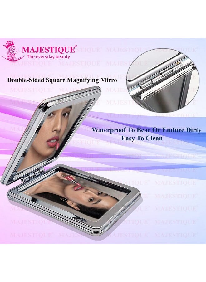 MAJESTIQUE MAJESTIQUE Metal Glitter Square Pocket Mirror, 1X 2X Magnifying Folding Mirror, Compact Mirror, Type - Framed, Tabletop Mounting, Mirror For Girls, Men, Women - Designs And Color May Vary  - Image 3