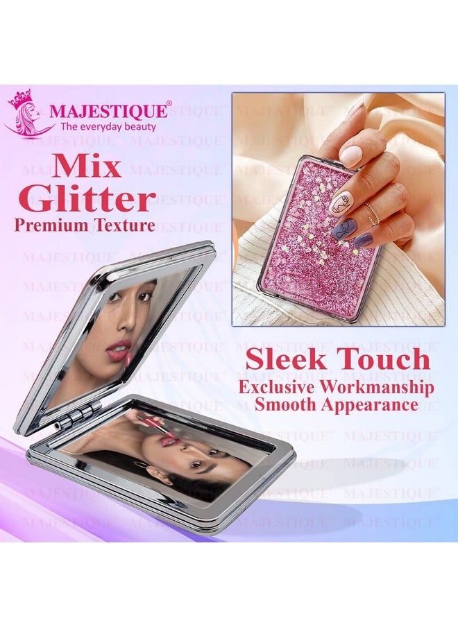 MAJESTIQUE MAJESTIQUE Metal Glitter Square Pocket Mirror, 1X 2X Magnifying Folding Mirror, Compact Mirror, Type - Framed, Tabletop Mounting, Mirror For Girls, Men, Women - Designs And Color May Vary  - Image 5