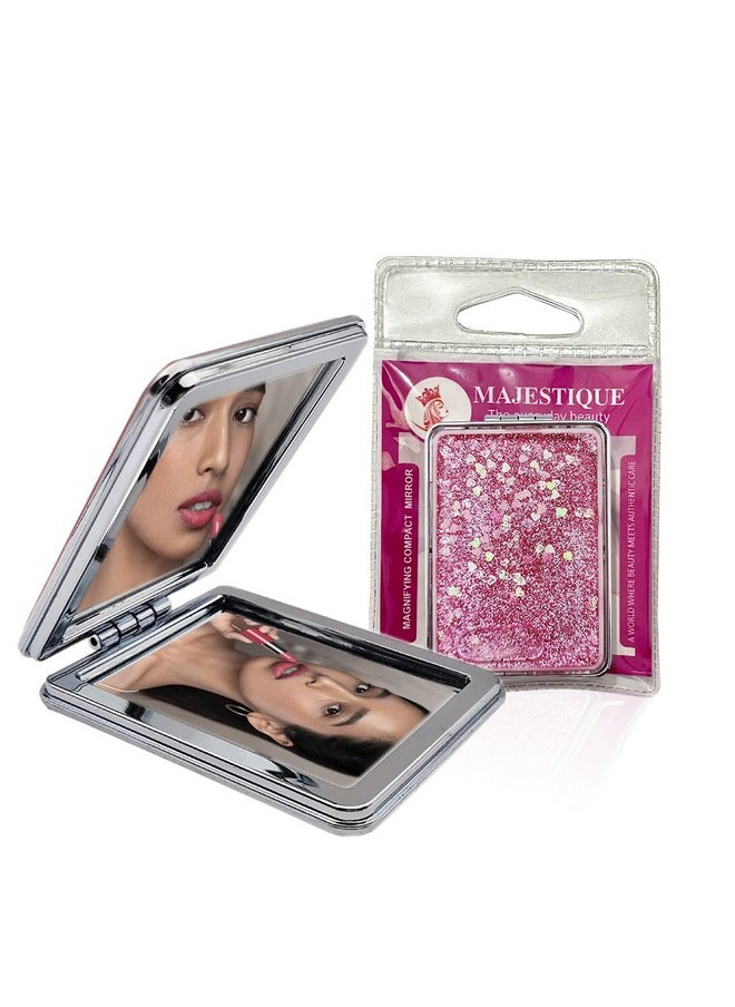 MAJESTIQUE MAJESTIQUE Metal Glitter Square Pocket Mirror, 1X 2X Magnifying Folding Mirror, Compact Mirror, Type - Framed, Tabletop Mounting, Mirror For Girls, Men, Women - Designs And Color May Vary  - Image 1