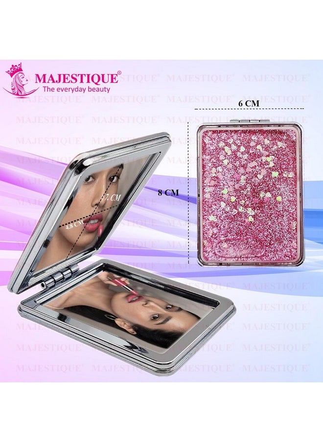 MAJESTIQUE MAJESTIQUE Metal Glitter Square Pocket Mirror, 1X 2X Magnifying Folding Mirror, Compact Mirror, Type - Framed, Tabletop Mounting, Mirror For Girls, Men, Women - Designs And Color May Vary  - Image 2