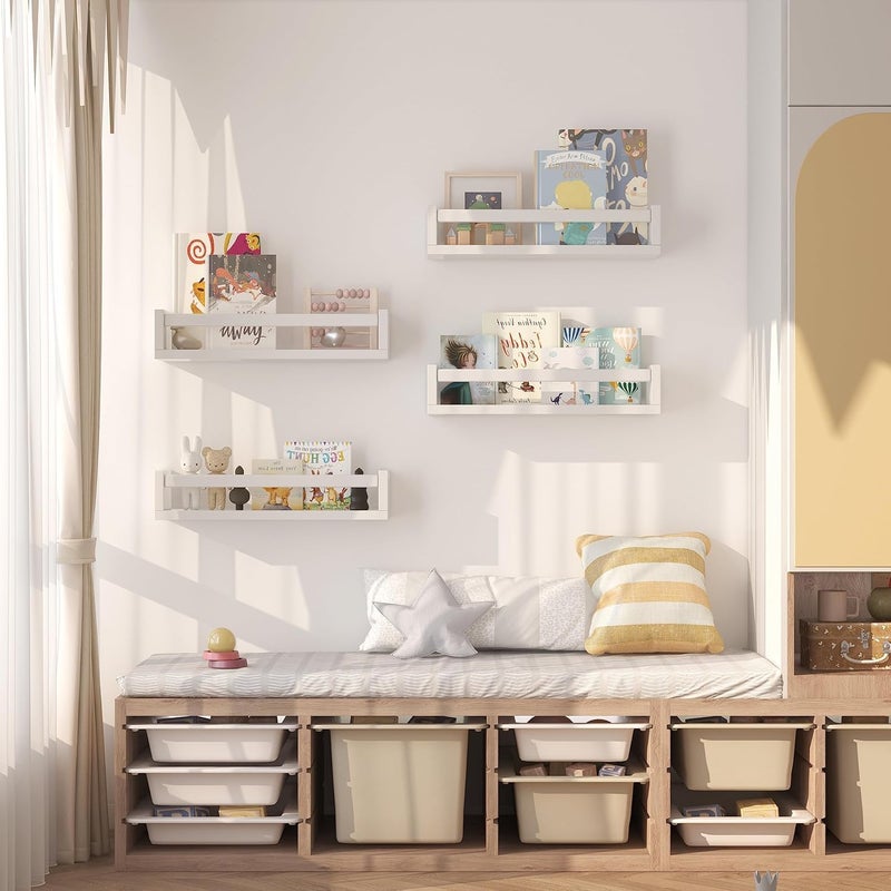 Onlysky Set of 4 Wall-Mounted Kid's Bookshelf - White Floating Nursery Book Shelves - Durable Wood Construction - Ideal for Nursery Decor, Kids Room, Toy Storage, ETJ001 - Image 4