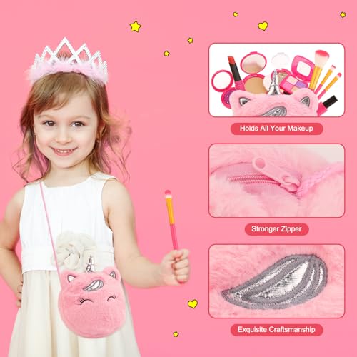 xFFFun Pretend Makeup Kit for Toddlers Girls Toys Age 3 4 5 6 7 8 Years Old Gifts, Fake Play Makeup Set for Kids Toy 3-5 4-6, Unicorn Princess Little Girl Purse with Make up - Image 3