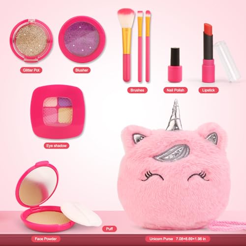 xFFFun Pretend Makeup Kit for Toddlers Girls Toys Age 3 4 5 6 7 8 Years Old Gifts, Fake Play Makeup Set for Kids Toy 3-5 4-6, Unicorn Princess Little Girl Purse with Make up - Image 4