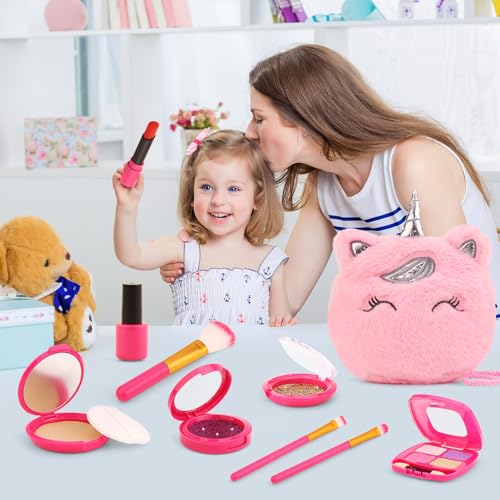 xFFFun Pretend Makeup Kit for Toddlers Girls Toys Age 3 4 5 6 7 8 Years Old Gifts, Fake Play Makeup Set for Kids Toy 3-5 4-6, Unicorn Princess Little Girl Purse with Make up - Image 5