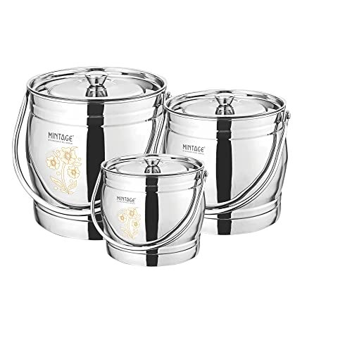 Mintage Milk Barni 4+7+9.5 litres Set of 3 | Oil Can | Heavy Body Pot Ghee Container | Stainless Steel with Lid | Storage Dolchi - Image 1