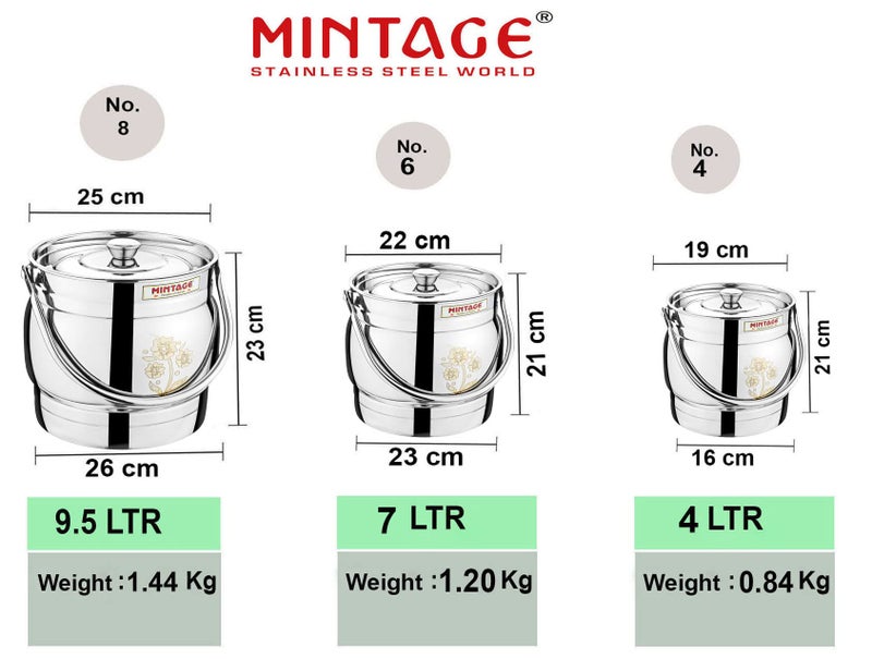 Mintage Milk Barni 4+7+9.5 litres Set of 3 | Oil Can | Heavy Body Pot Ghee Container | Stainless Steel with Lid | Storage Dolchi - Image 2