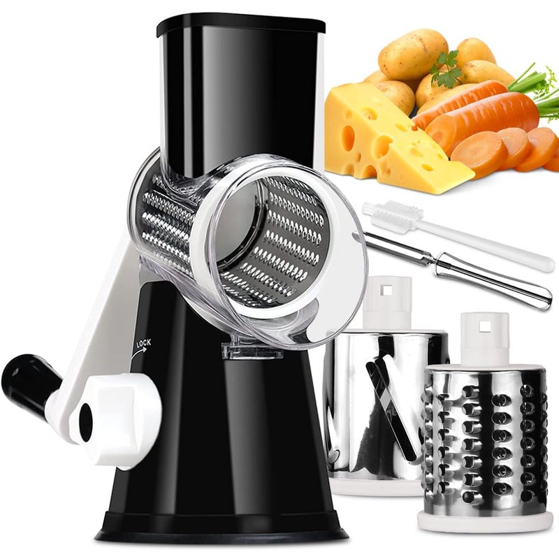 Rotary Cheese Grater Vegetable Shredder with Handle Round Kitchen Mandoline Slicer Grater for Nuts Vegetable Chocolate Chesse  Black  3 Replaceabe Stainless Steel Blades