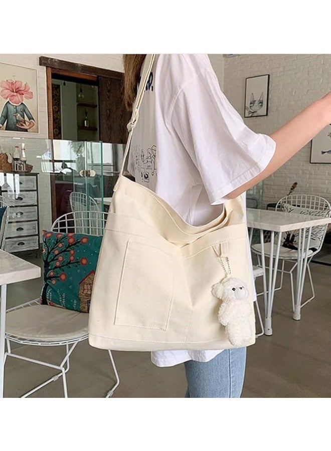 Economical Cotton Tote Bag,Reusable Womens Canvas Tote Bag with 3 External Pocket,Top Zipper Closure  - Image 1
