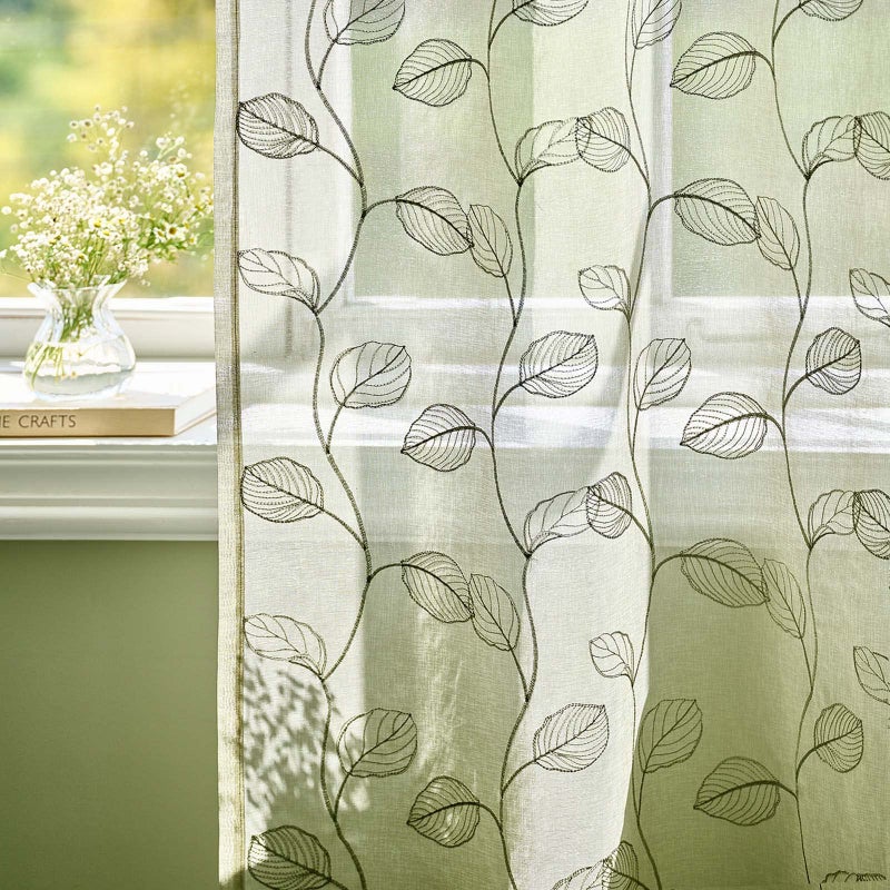 Lazzzy Sage Sheer Curtains Leaf Embroidered 72 Inch Long for Living Room Bedroom Rod Pocket Voile Window Drapes 2 Panels - Image 1