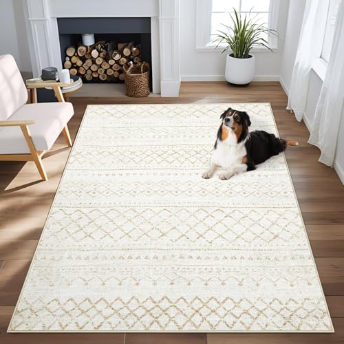 Aoyaomi Area Rug 4x6 Geometric Rugs Washable Boho Moroccan Rug Modern Neutral Stain Resistant Rugs Soft Farmhouse Indoor Floor Carpet for Living Room Bedroom Dining Table NurseryBeige4X6 - Image 1