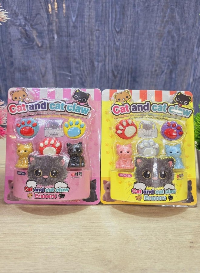 QUEEN BEE Cartoon Themed Set of 5 Cat & Cat Claw Eraser for Boys and Girl's (Yellow) - Image 3
