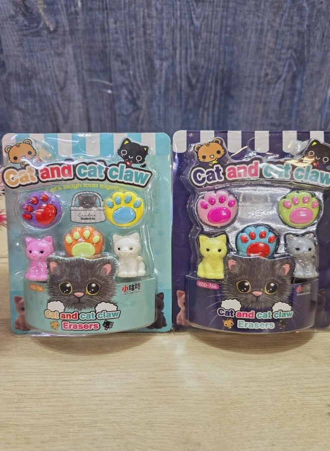 QUEEN BEE Cartoon Themed Set of 5 Cat & Cat Claw Eraser for Boys and Girl's (Yellow) - Image 2
