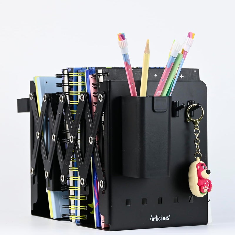 Articious Adjustable Bookend Organizer with Pen Holder | Expandable Desk Bookshelf for Office, Study, and Home | Book Rack Stand for Books, Files & Stationery (Extends Up to 17 Inches) (Black) - Image 1
