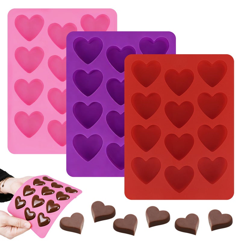 Mototo 3PCS Mini Heart Silicone Mold 12-Cavity Mini Ice Tray Red Pink Purple Heart Chocolate Mold for Making Sugar Cube Yogurt Training Dog Treat Candle Wax Melt Gummies Candy Tart Tea Party Valentine - Image 1
