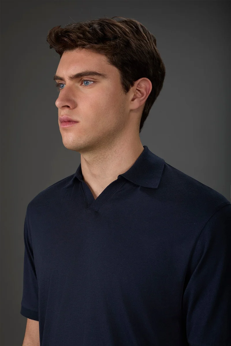 Doppelganger Blue Men's short-sleeved organic cotton polo shirt with derby collar - DK Blue for Men | Best Price UAE