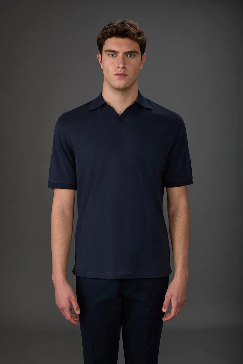 Men's short-sleeved organic cotton polo shirt with derby collar - DK Blue