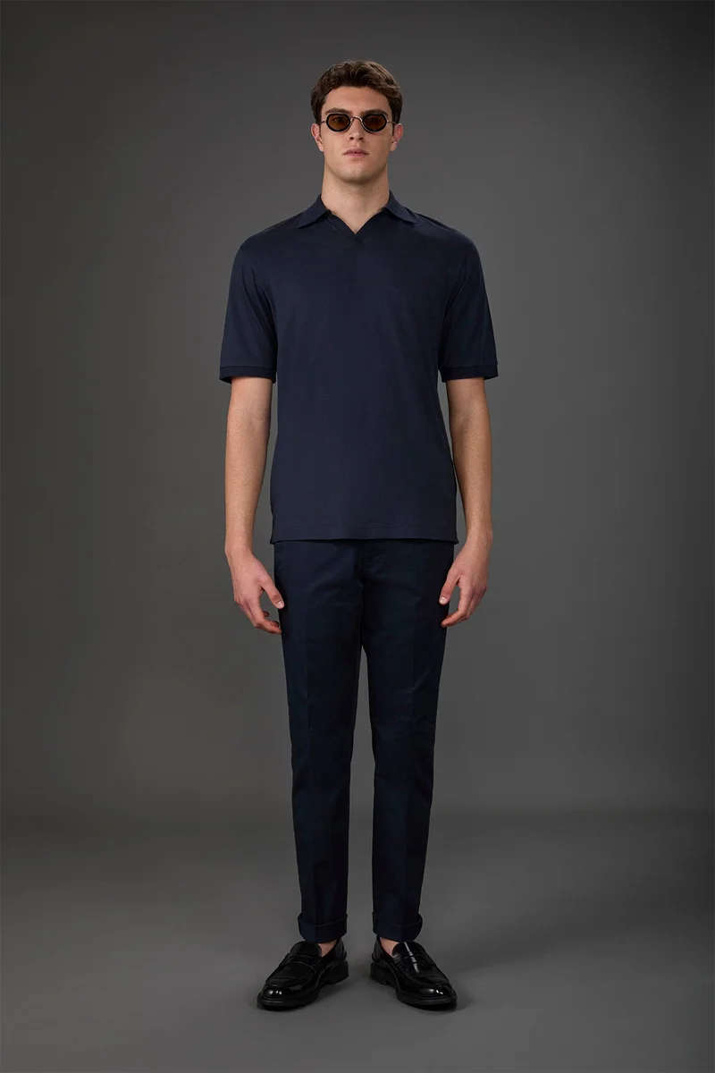 Doppelganger Blue Men's short-sleeved organic cotton polo shirt with derby collar - DK Blue for Men | Best Price UAE