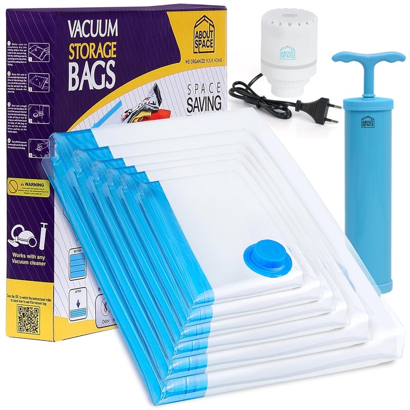 ABOUT SPACE 6 Pack Vacuum Bags for Travel Electric Hand Pump 2X JumboX JumboJumboLargeMediumSmall Polyamide Polyethylene Space Saver Ziplock Compression Packing Vaccine Sealer Bags Blue - Image 1