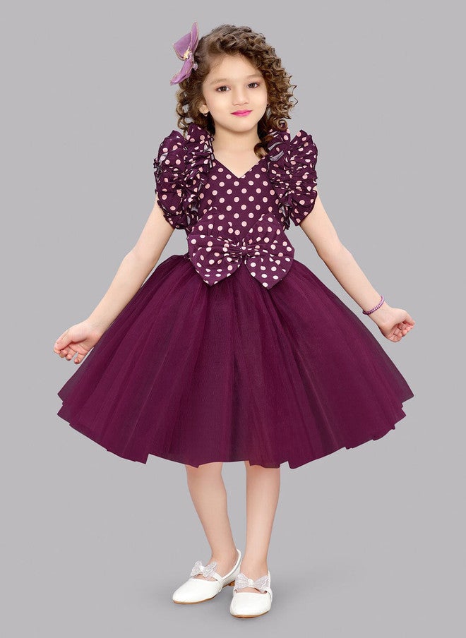 PinkChick Burgundy Polka Dot Flutter Sleeve Dress for Girls - Image 1