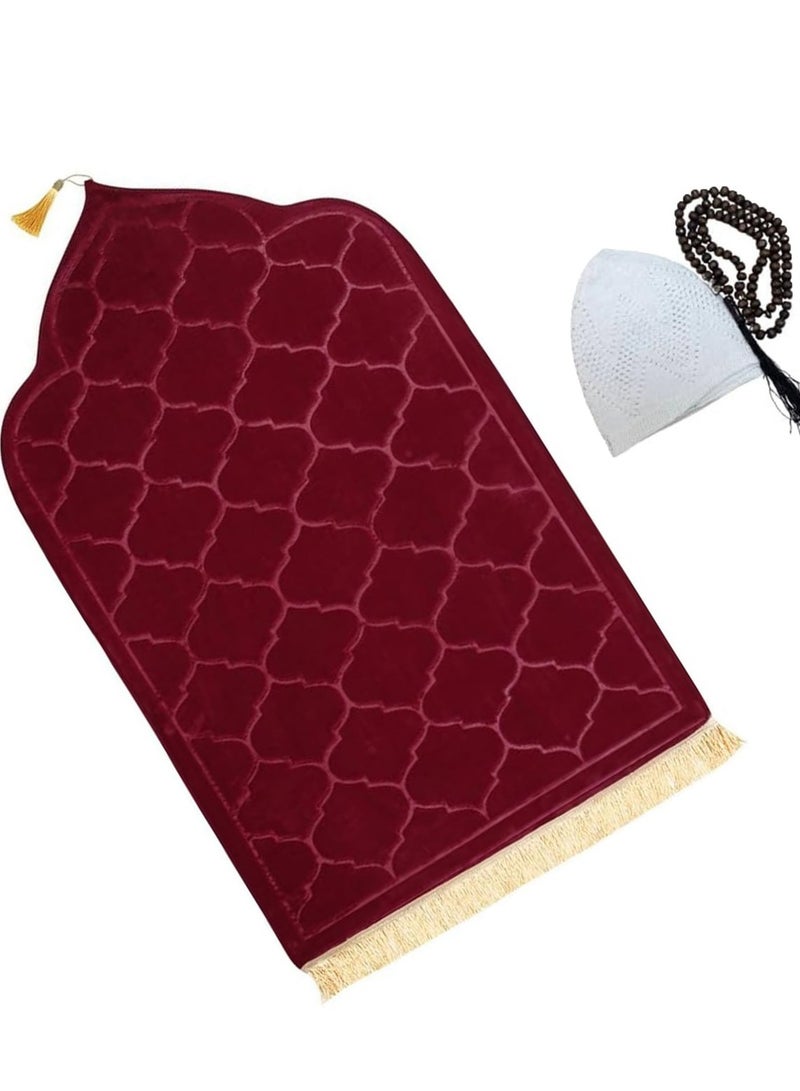 Jinou Prayer Mat with free namaz cap and tasbih beeds – Made With Premium Quality Turkish Velvet with Memory Foam – Ramadan Gift Prayer Rug for Men, Women and Grandparents and Kids. - Image 1