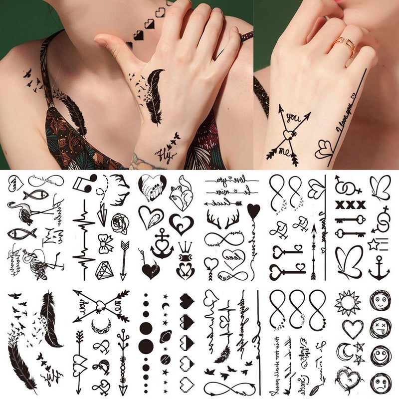 Glaryyears 30 Sheets Fake Black Tiny Temporary Tattoo, Hands Finger Words Tattoo Sticker for Men Women, Body Art on Face Arm Neck Shoulder Clavicle Waterproof - Image 1