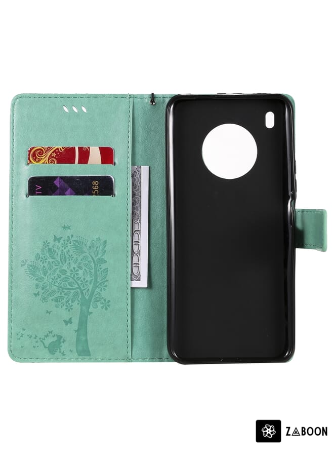 جرين تايجر لهاتف Huawei Y9a، حافظة من جلد البولي يوريثان بطباعة مضغوطة بنمط شجرة والقطة مع حامل وفتحات للبطاقات ومحفظة وحبل (أخضر) - Image 4