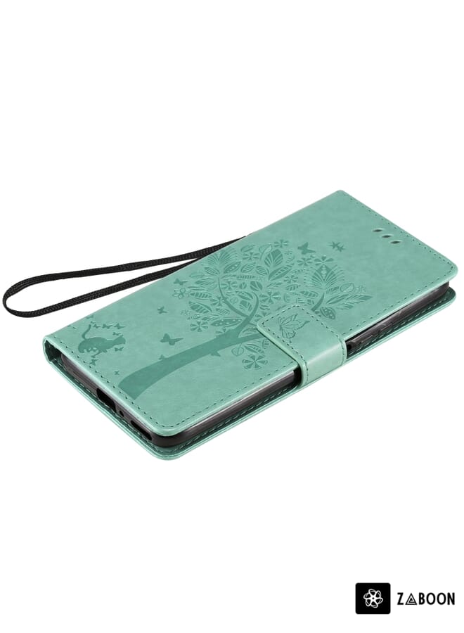 جرين تايجر لهاتف Huawei Y9a، حافظة من جلد البولي يوريثان بطباعة مضغوطة بنمط شجرة والقطة مع حامل وفتحات للبطاقات ومحفظة وحبل (أخضر) - Image 5