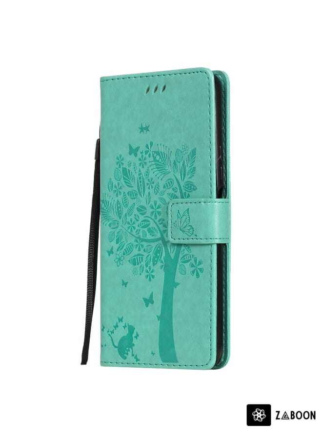 جرين تايجر لهاتف Huawei Y9a، حافظة من جلد البولي يوريثان بطباعة مضغوطة بنمط شجرة والقطة مع حامل وفتحات للبطاقات ومحفظة وحبل (أخضر) - Image 2