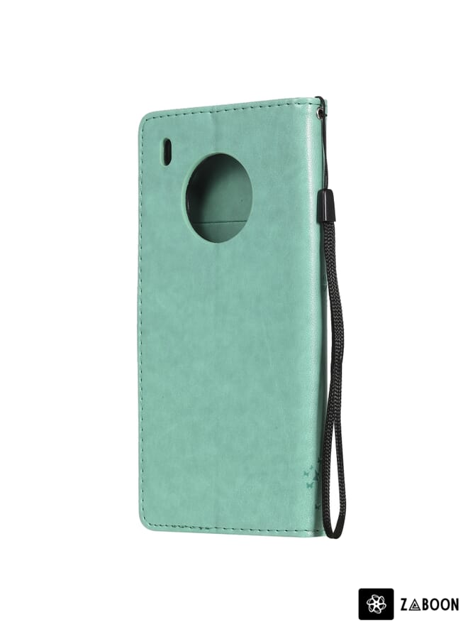 جرين تايجر لهاتف Huawei Y9a، حافظة من جلد البولي يوريثان بطباعة مضغوطة بنمط شجرة والقطة مع حامل وفتحات للبطاقات ومحفظة وحبل (أخضر) - Image 3