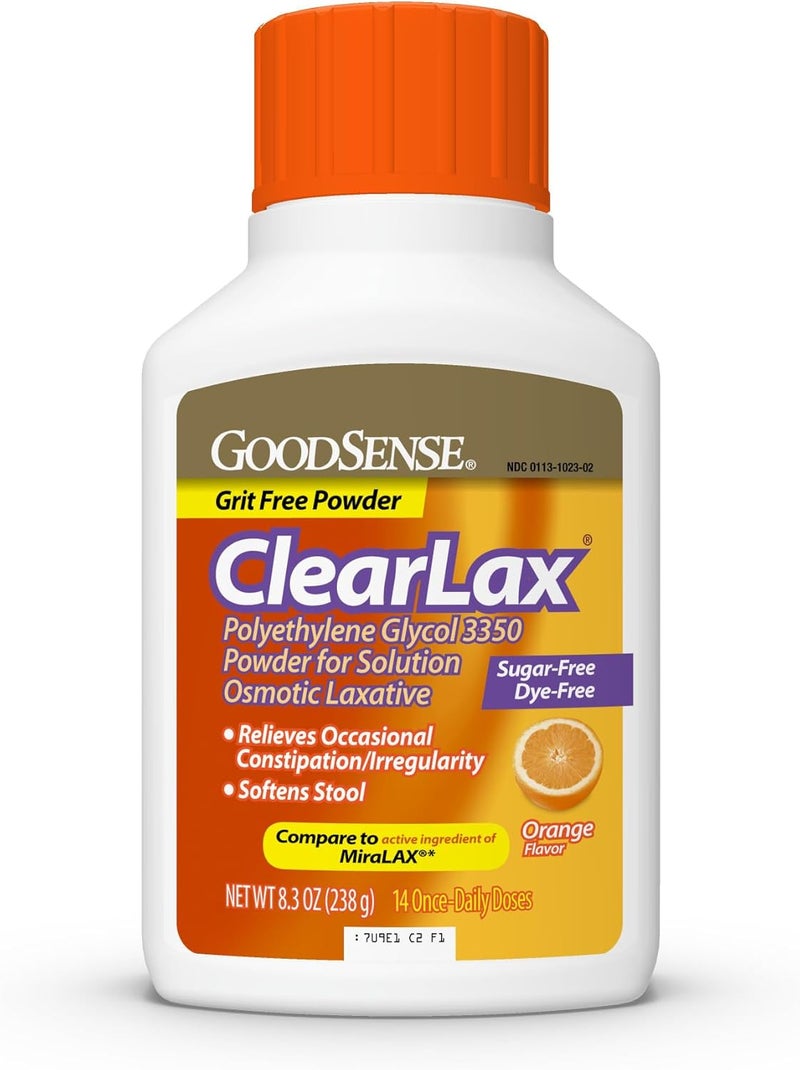GoodSense Polyethylene Glycol 3350 Powder for Solution Orange Flavor Osmotic Laxative Softens Stool Relieves Occasional Constipation - Image 1