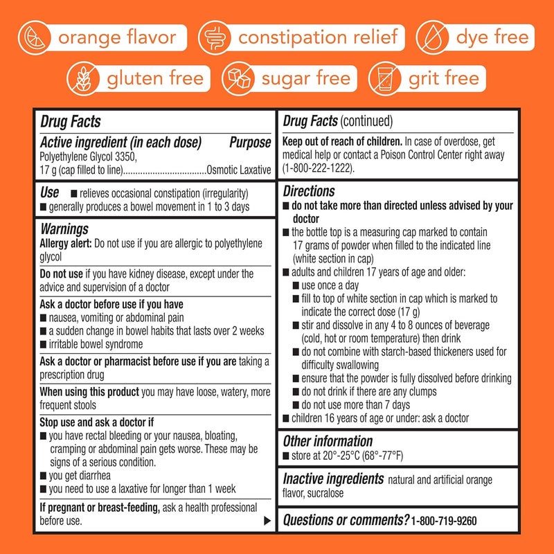 GoodSense Polyethylene Glycol 3350 Powder for Solution Orange Flavor Osmotic Laxative Softens Stool Relieves Occasional Constipation - Image 5
