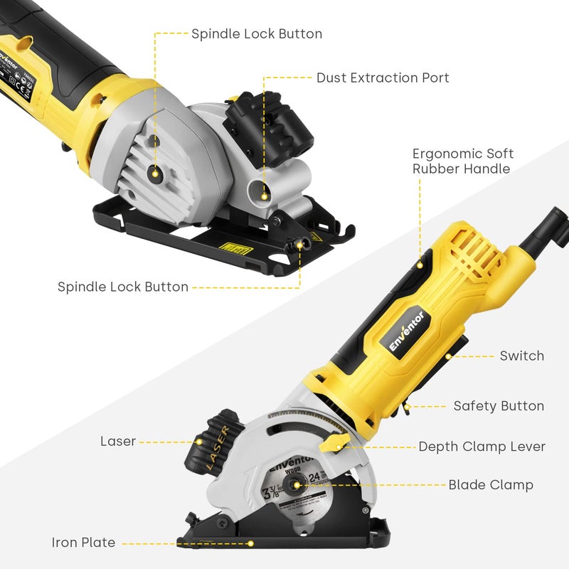 Enventor Mini Circular Saw, 580W 4000RPM Compact Electric Circular Saws with 3 Blades(85mm), Laser Guide, Scale Ruler, Pure Copper Motor Mini Saw for Wood, Soft Metal, Tile, Plastic Corded - Image 2