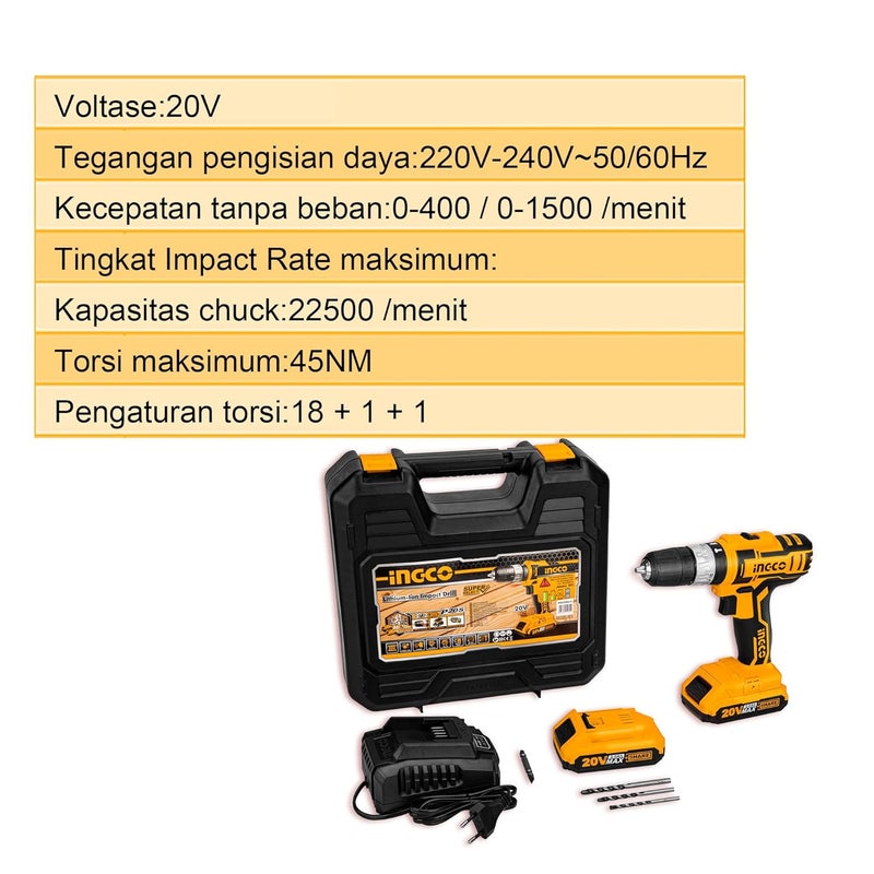 Ingco Cordless Impact Drill 45 NM Variable Speed 1811 With 2 Pcs Batteries ChargerWhite - Image 3