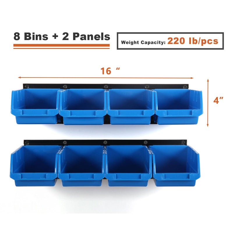 Wallmaster 8-Bin Storage Bins Garage Rack System 2-Tier Orange Tool Organizers Cube Baskets Wall Mount Organizations (Blue) - Image 3