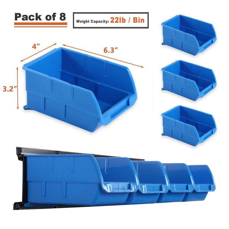 Wallmaster 8-Bin Storage Bins Garage Rack System 2-Tier Orange Tool Organizers Cube Baskets Wall Mount Organizations (Blue) - Image 4