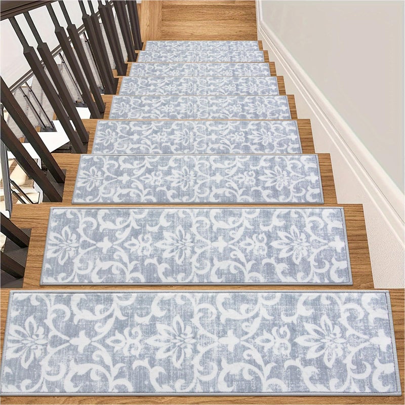 La Home سجاد درجات السلم من لاهوم، 15 قطعة، 8" × 30"، سجاد غير قابل للانزلاق للدرجات الخشبية الداخلية، سجاد ناعم قابل للغسل لدرجات السلم، سجاد شرقي للسلالم للأطفال والحيوانات الأليفة وكبار السن (15 قطعة، رمادي) - Image 1