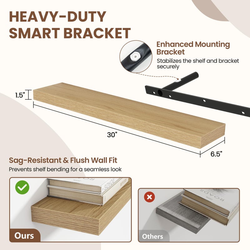 Acovy 30 Inch Floating Shelves for Wall 2 Pack, 30" Wall Shelves for Books, Storage, Decor, Wall Mounted Floating Shelf with Invisible Brackets for Kitchen, Living Room, Oak - Image 2