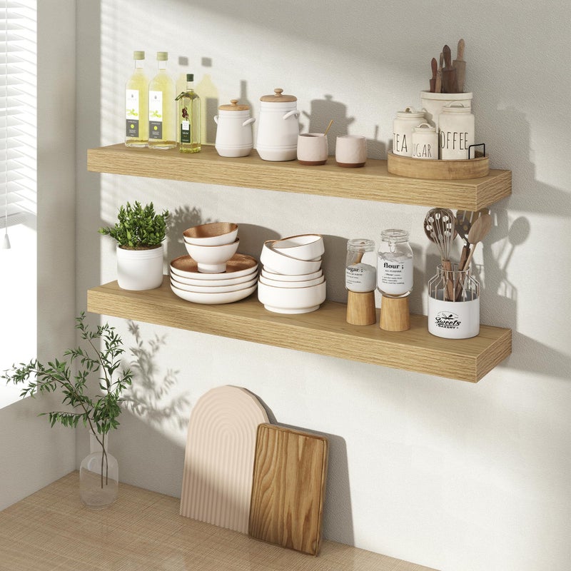 Acovy 30 Inch Floating Shelves for Wall 2 Pack, 30" Wall Shelves for Books, Storage, Decor, Wall Mounted Floating Shelf with Invisible Brackets for Kitchen, Living Room, Oak - Image 3