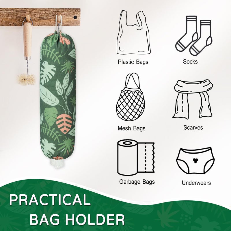 LeCorner Plastic Bag Holder, Reusable Grocery Bag Holder for Plastic Bags Groceries Store, Flower Canvas Trash Plastic Bag Organizer Storage Holders for Home Kitchen Pantry Decor (Green Seaweed) - Image 3
