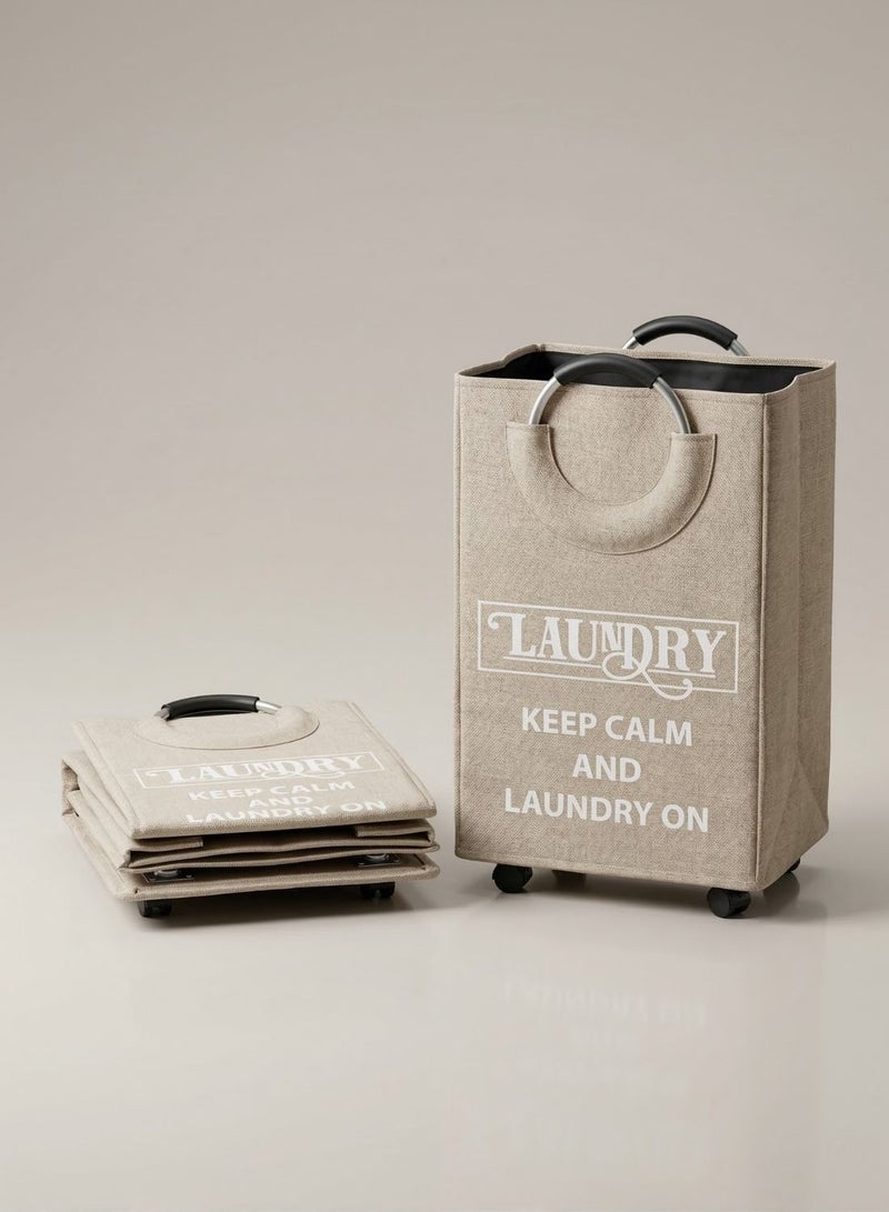 1Chase Rolling Laundry Basket 70L – Foldable Fabric Clothes Hamper with Wheels & Aluminium Handles (Beige) - Image 3