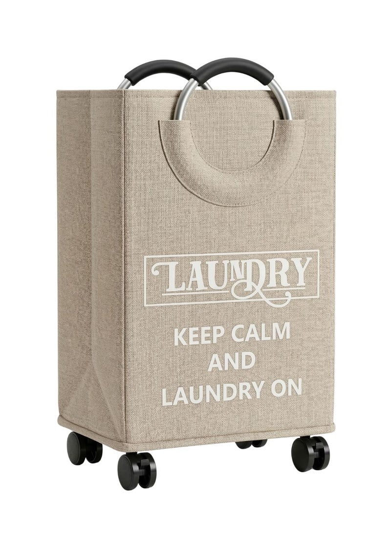 1Chase Rolling Laundry Basket 70L – Foldable Fabric Clothes Hamper with Wheels & Aluminium Handles (Beige) - Image 1