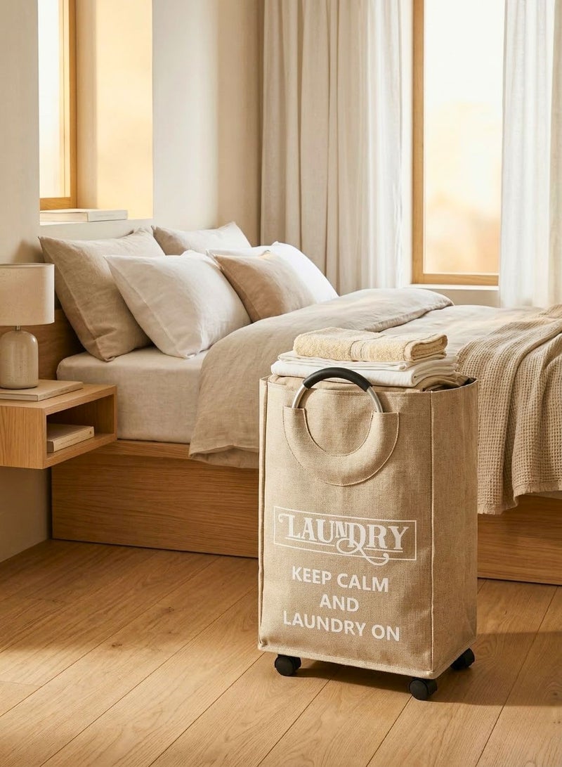 1Chase Rolling Laundry Basket 70L – Foldable Fabric Clothes Hamper with Wheels & Aluminium Handles (Beige) - Image 2