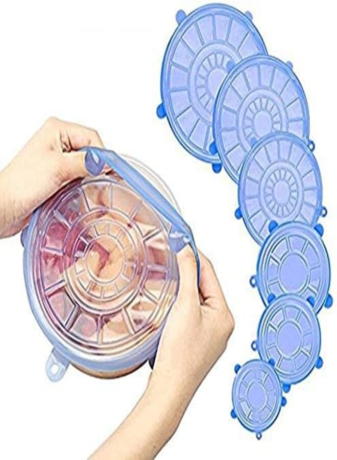 6 Pcs Food Preserving Lids Reusable Universal Silicone Saran Wrap Cover Lids for Food Bowl Pot Stretch Kitchen Vacuum Seal Bowls BLUE
