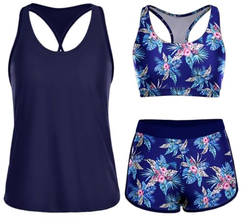 Yonique 3 Piece Athletic Tankini Swimsuits for Women with Shorts Swim Tank Tops with Sports Bra and Boyshorts Bathing Suits M Blue Floral - Image 1
